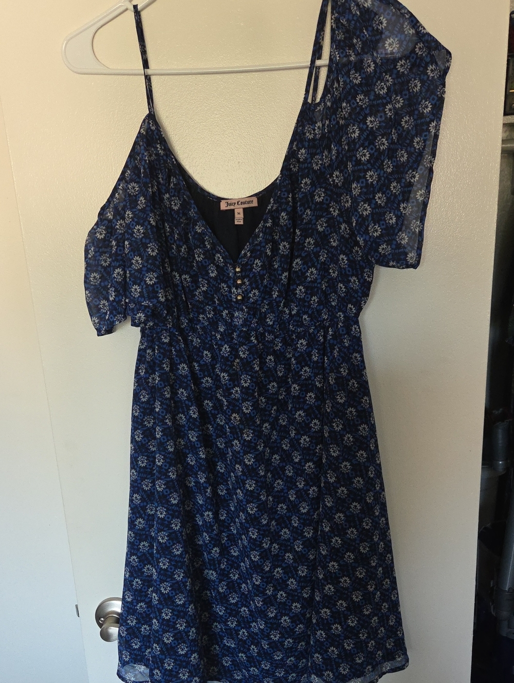 Juicy Couture Navy Blue Floral Cold-Shoulder Mini Dress